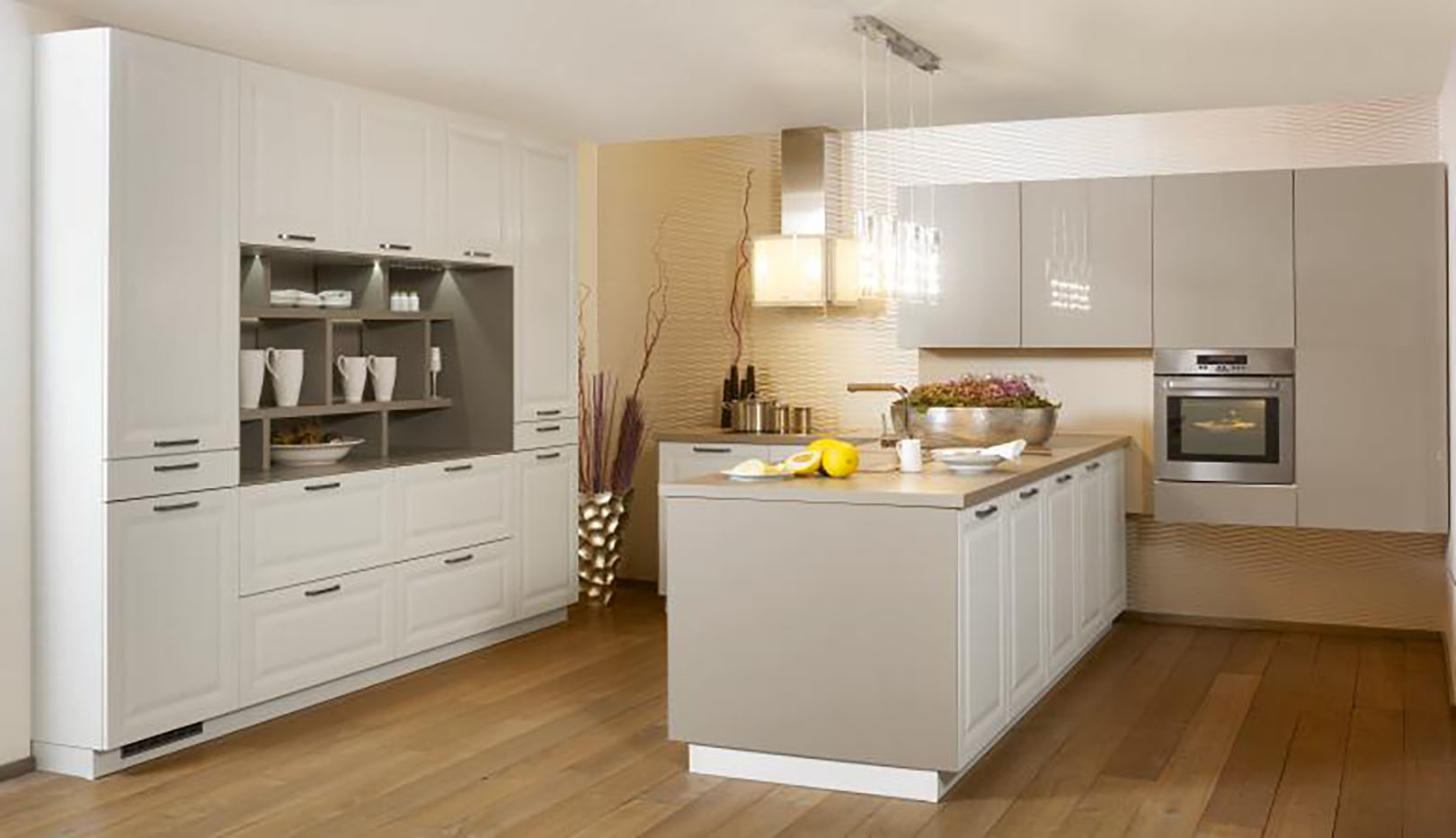 hand-painted-White-shaker-kitchen-with-beige-high-gloss-wall-units-and-tall-bank-of-units-with-centre-display-piece-1